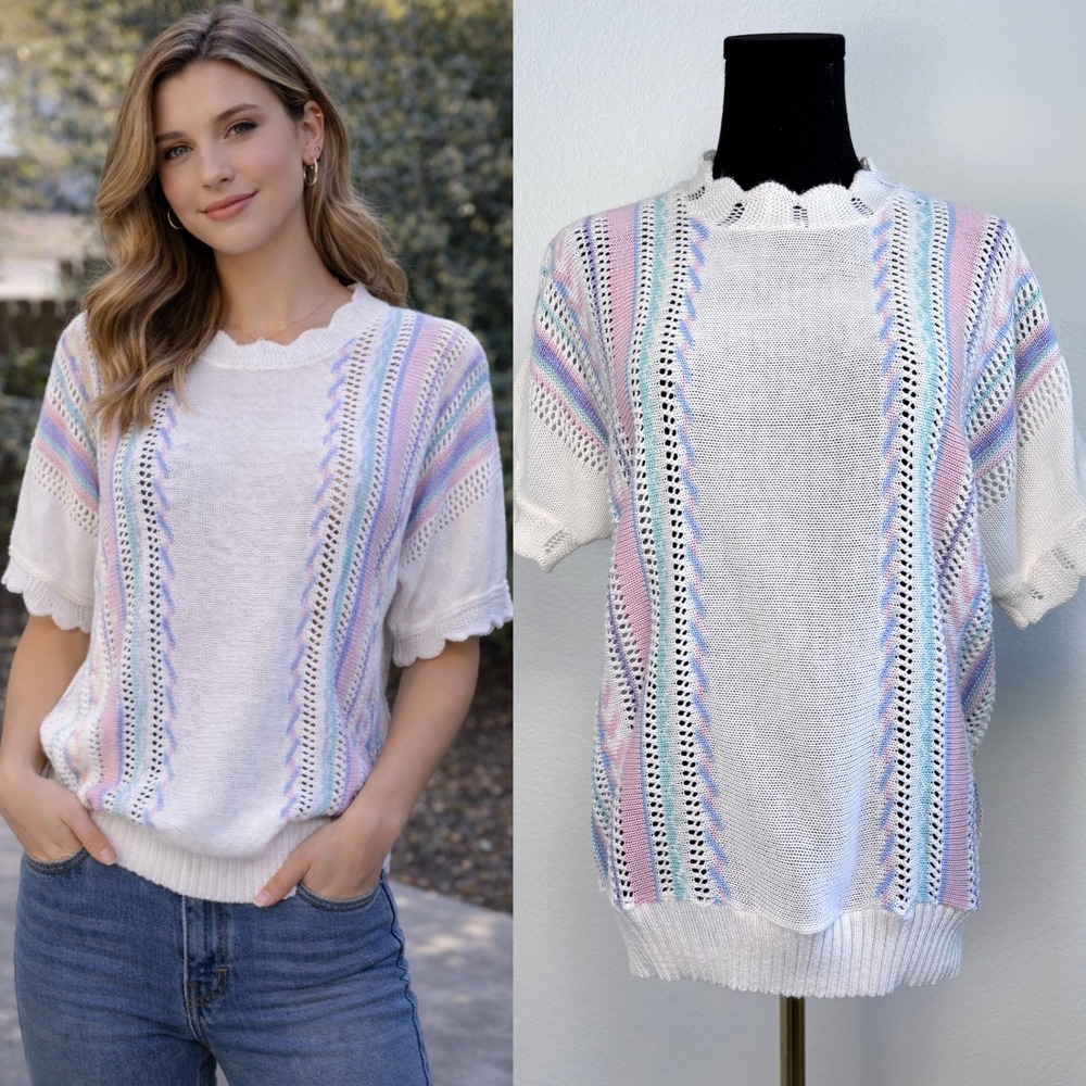 VTG‎ Bay Point Threads Pastel Stripe Pointelle Knit Sweater 80s, Large Easter